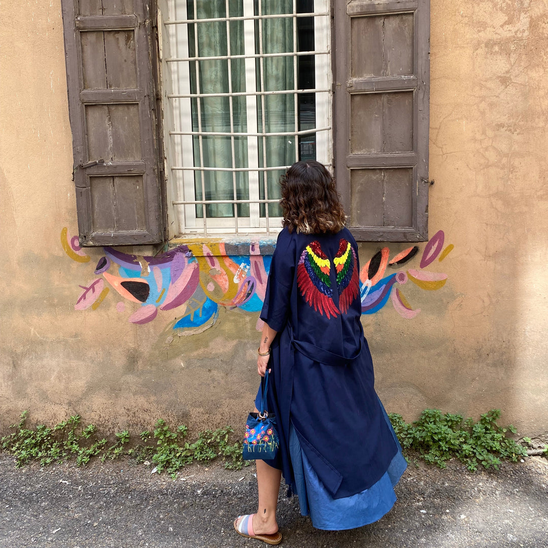 100% Linen Kaftan - Navy, MultiColor Wings