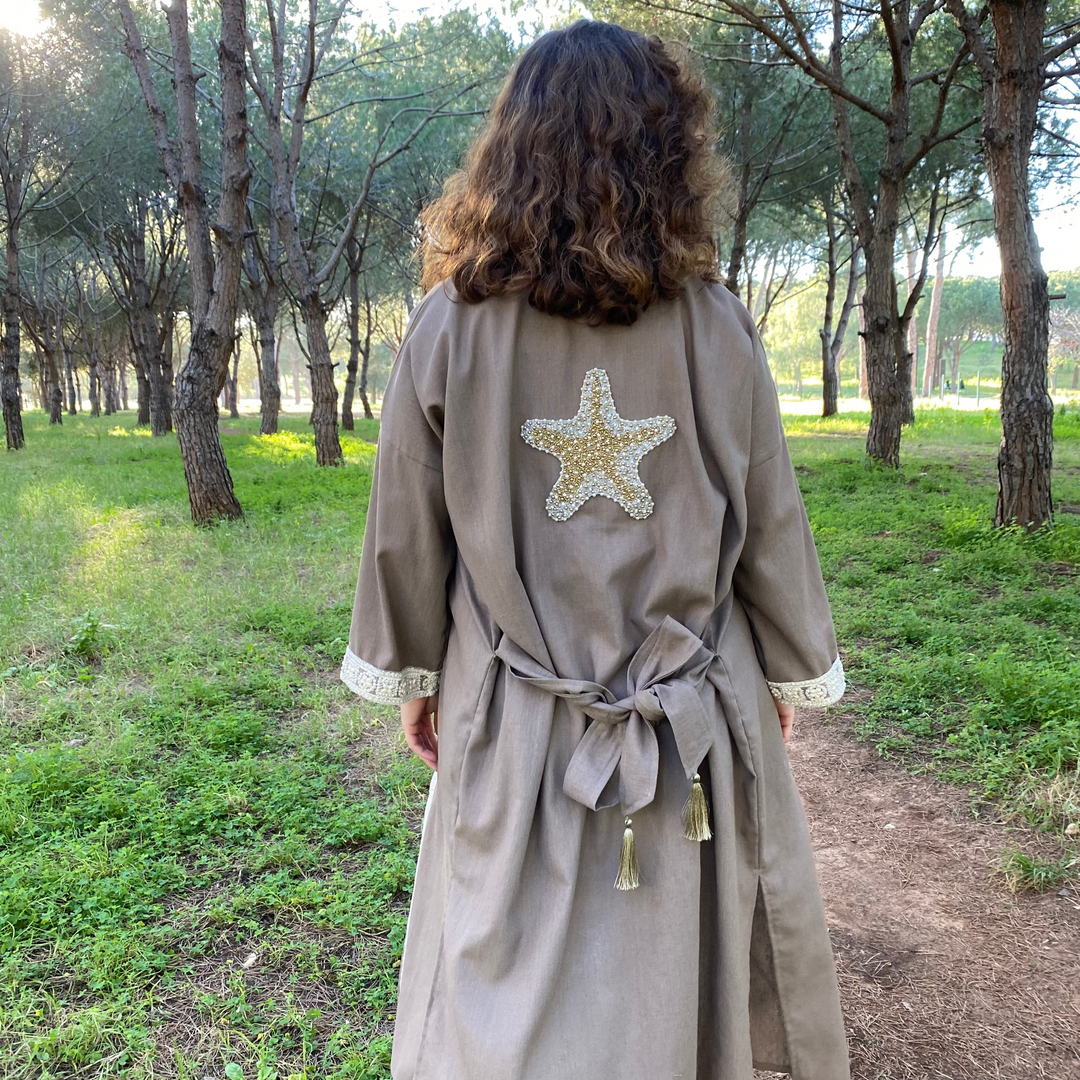 100% Linen Kaftan - Dark Beige, Beaded Starfish and Pearls