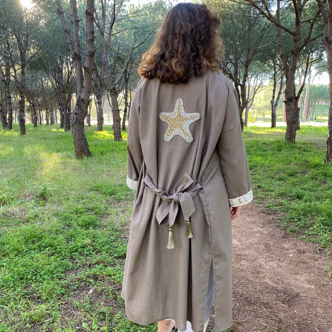 100% Linen Kaftan - Dark Beige, Beaded Starfish and Pearls