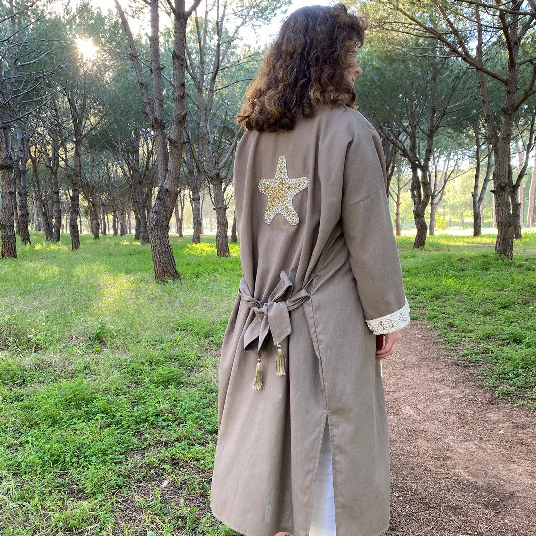 100% Linen Kaftan - Dark Beige, Beaded Starfish and Pearls