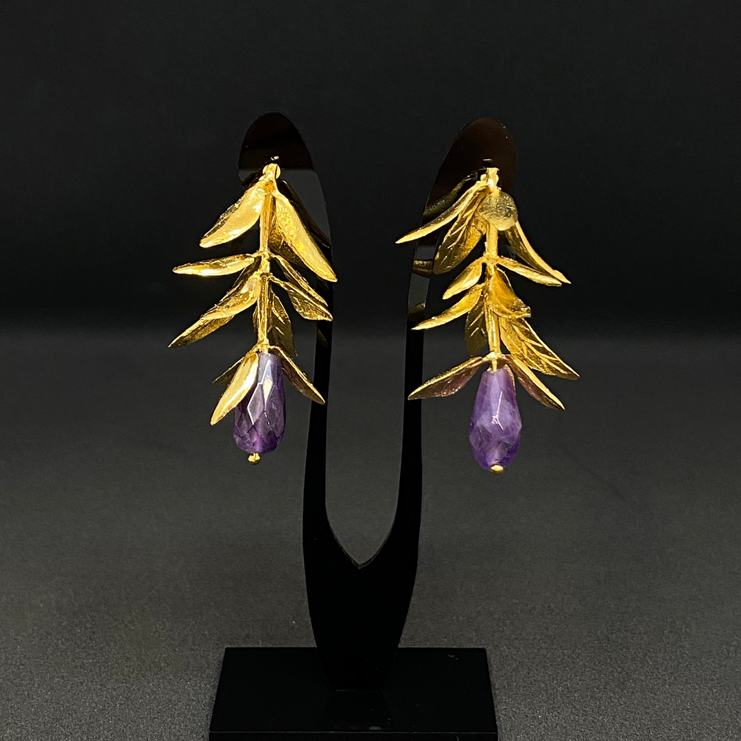 Earrings - Downward Leaves Vine with Amethyst Stone
