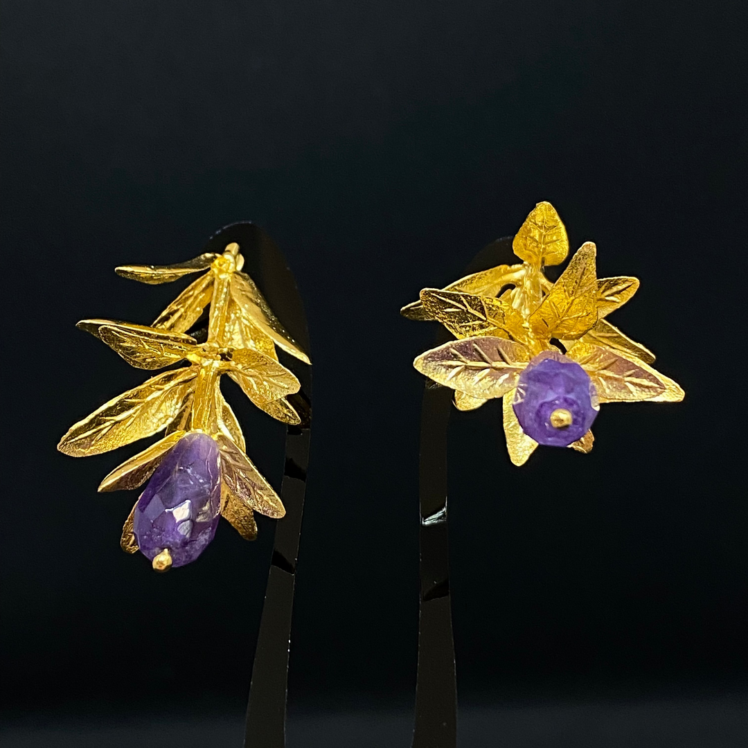 Earrings - Downward Leaves Vine with Amethyst Stone