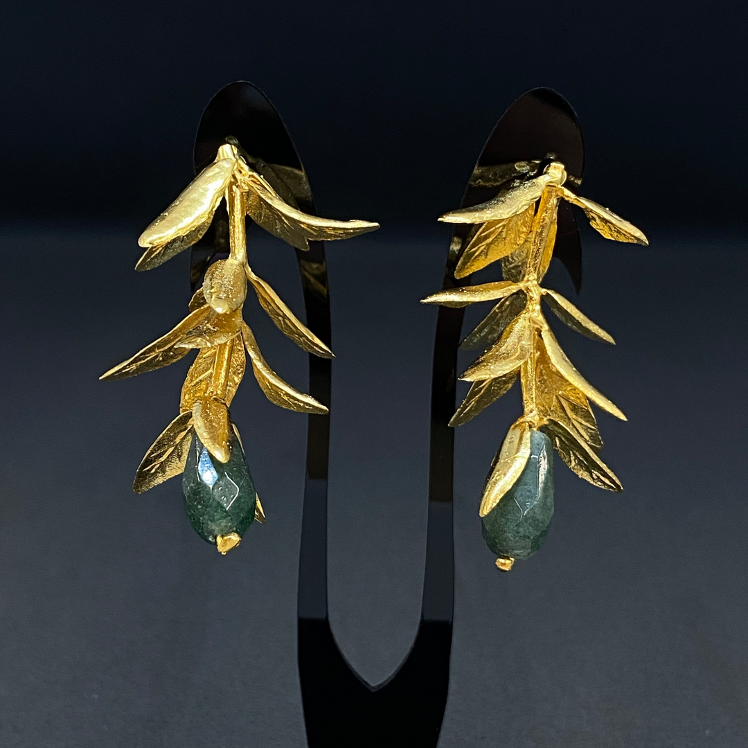 Earrings - Downward Leaves Vine with Green Stone