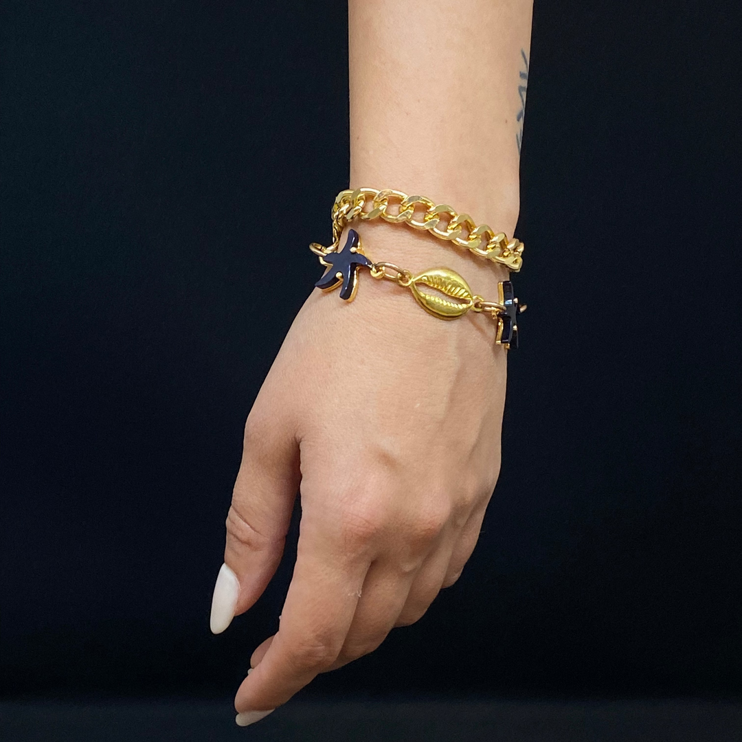 Chain Bracelet - Navy Small Starfish Stones, Gold Seashell, Gold-Plated Chain