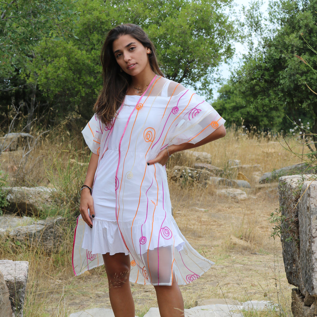 Sheer Voile Tunic - Orange, Violet, & Gold Swirl Design