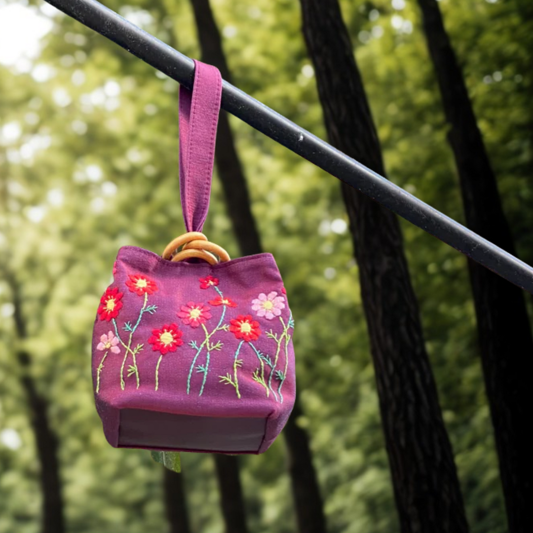 Hanoi Purse - Purple Satin, Hand-Embroidered Flowers, Purple Vegan Leather Base