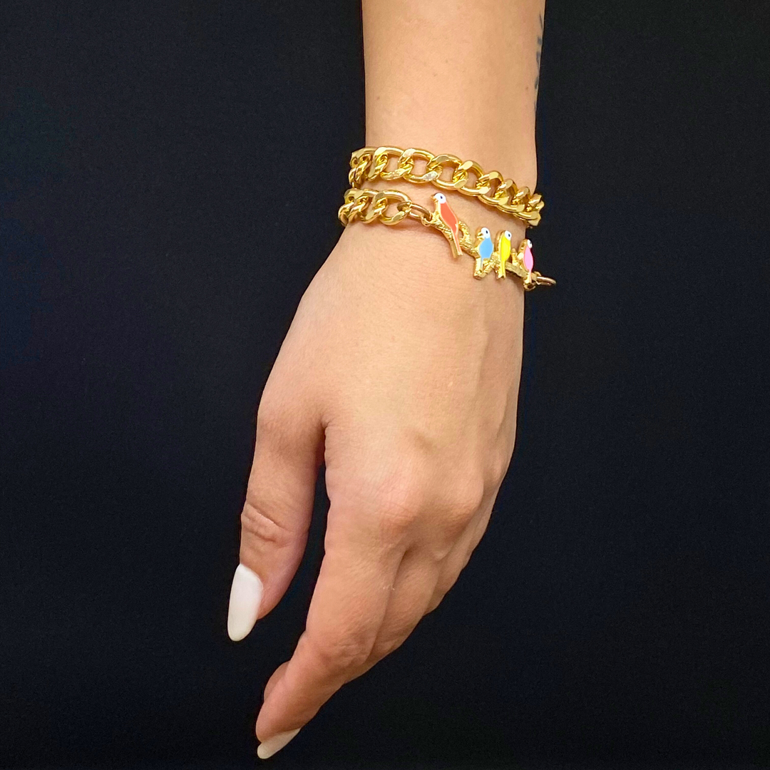 Chain Bracelet - MultiColor Birds on Branch, Gold-Plated Chain