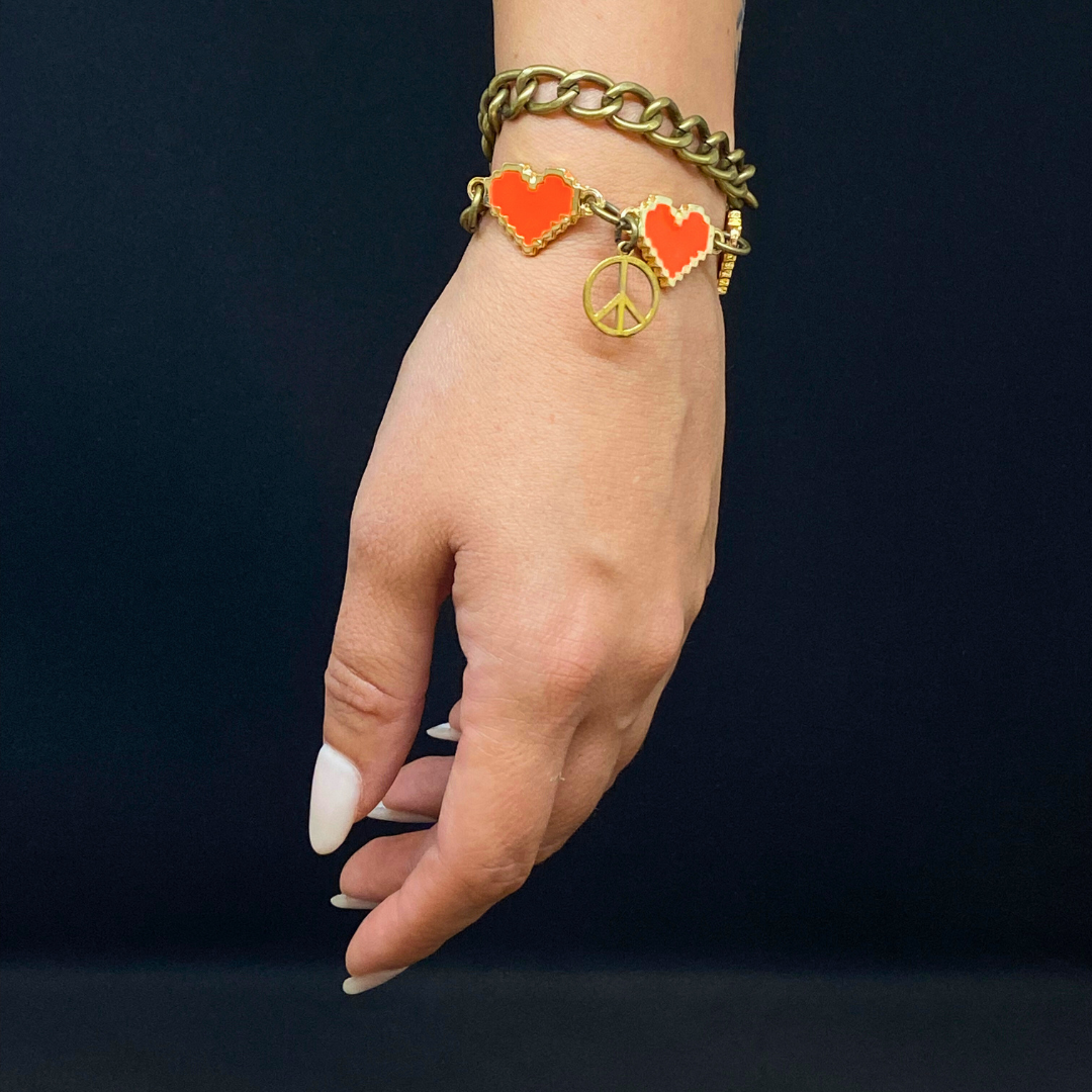 Chain Bracelet - Red Hearts, Bronze Peace Sign