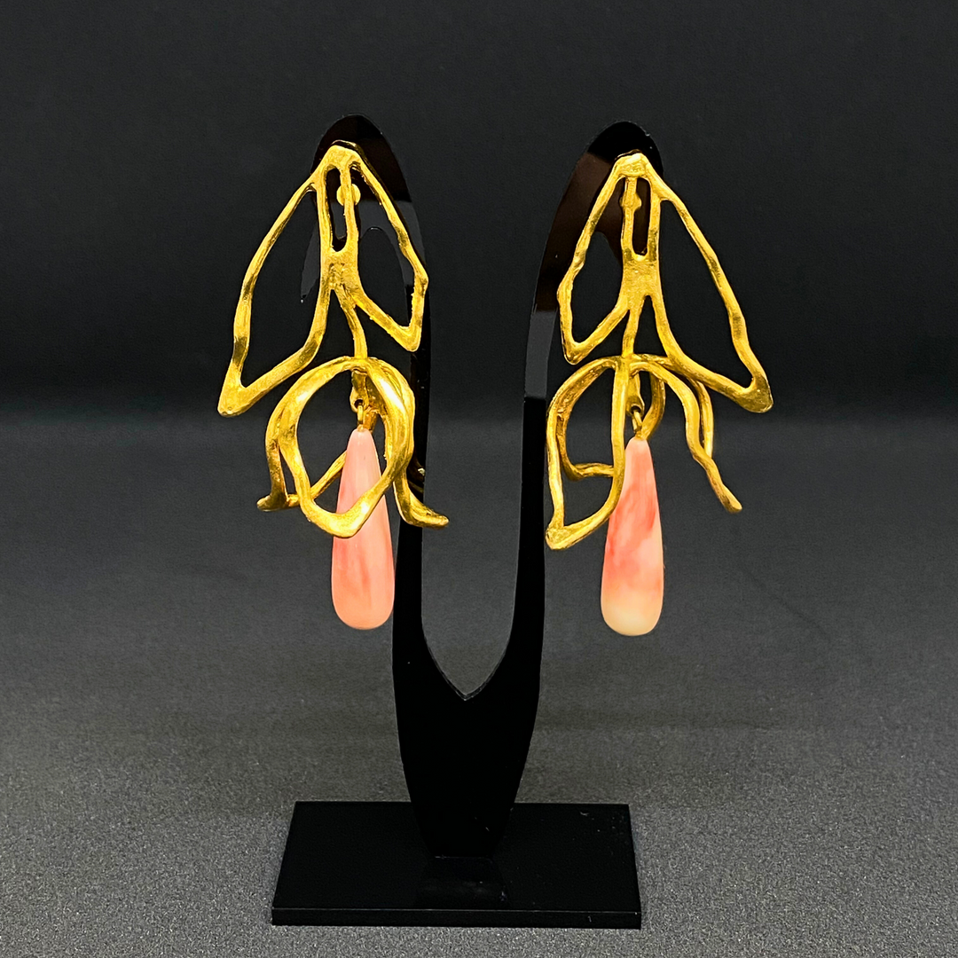 Earrings - Downward Leaves Cage with Light Salmon Pink Stone