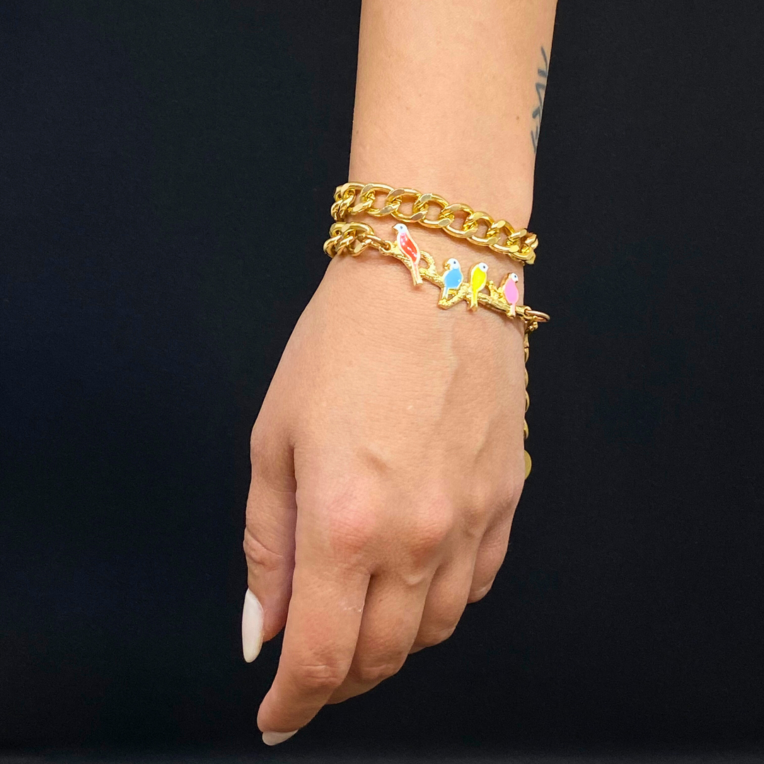 Chain Bracelet - MultiColor Birds on Branch, Gold-Plated Chain