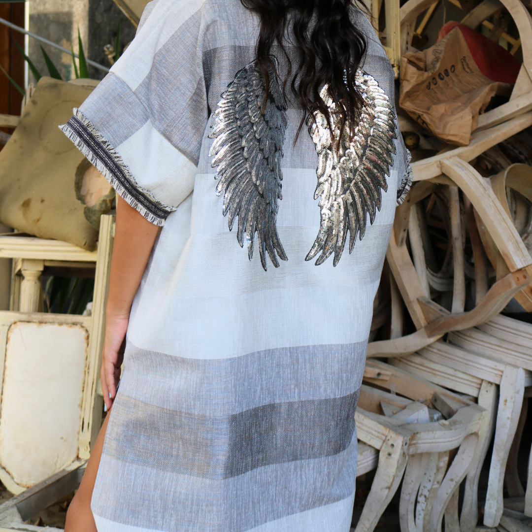 Linen Tunic - Grey & White Striped with Angel Wings