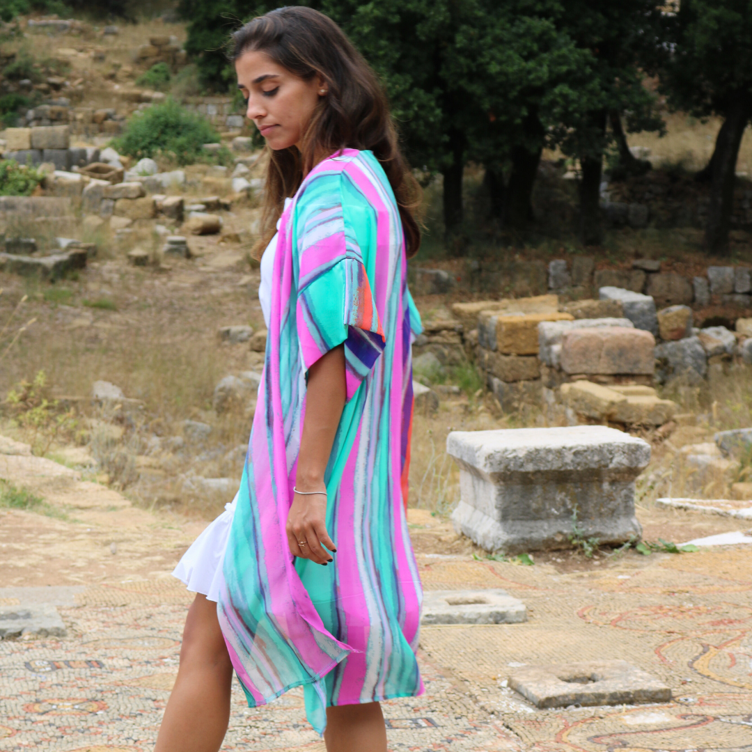 Vertical Stripes Tunic - Purple, Fuchsia, & Green