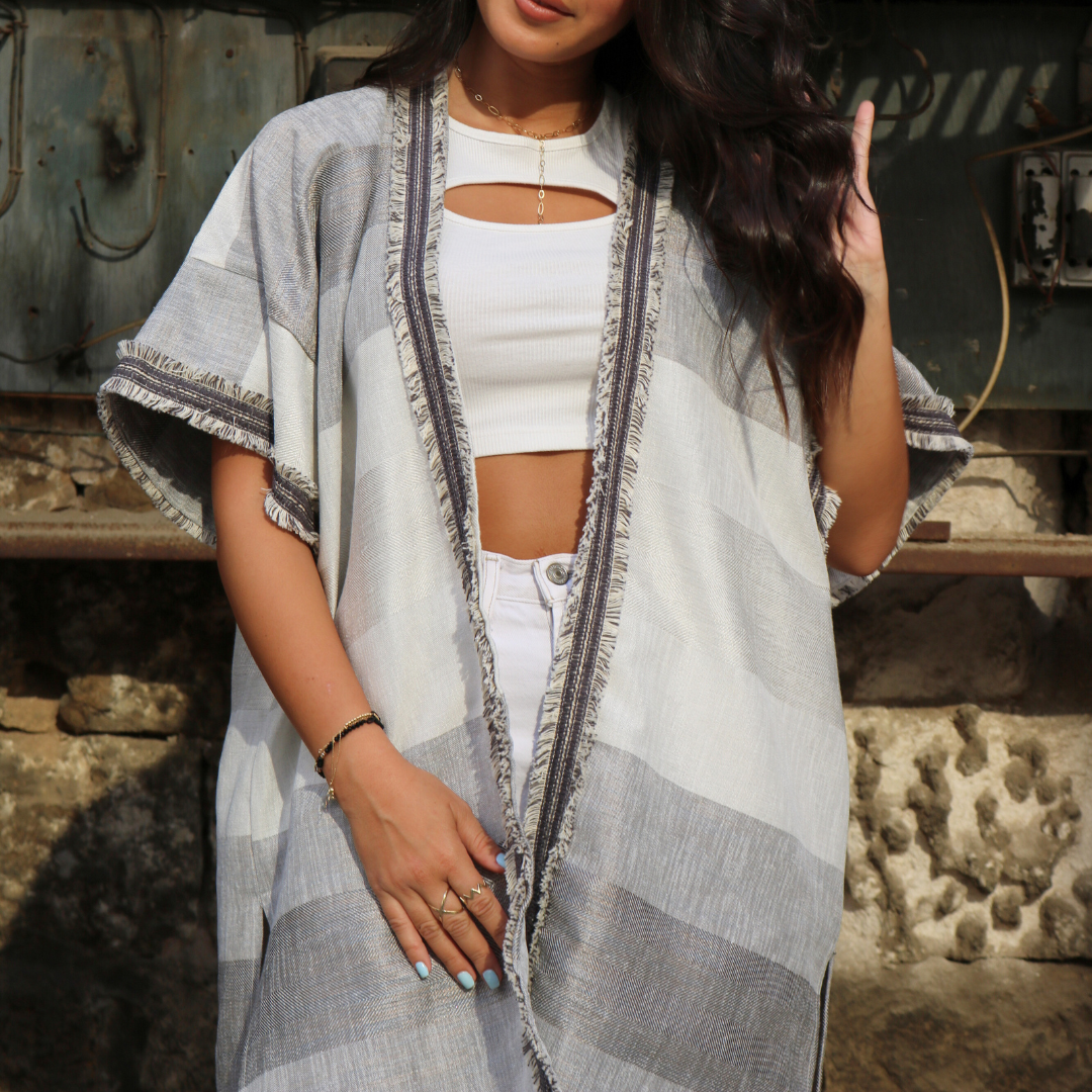 Linen Tunic - Grey & White Striped with Angel Wings