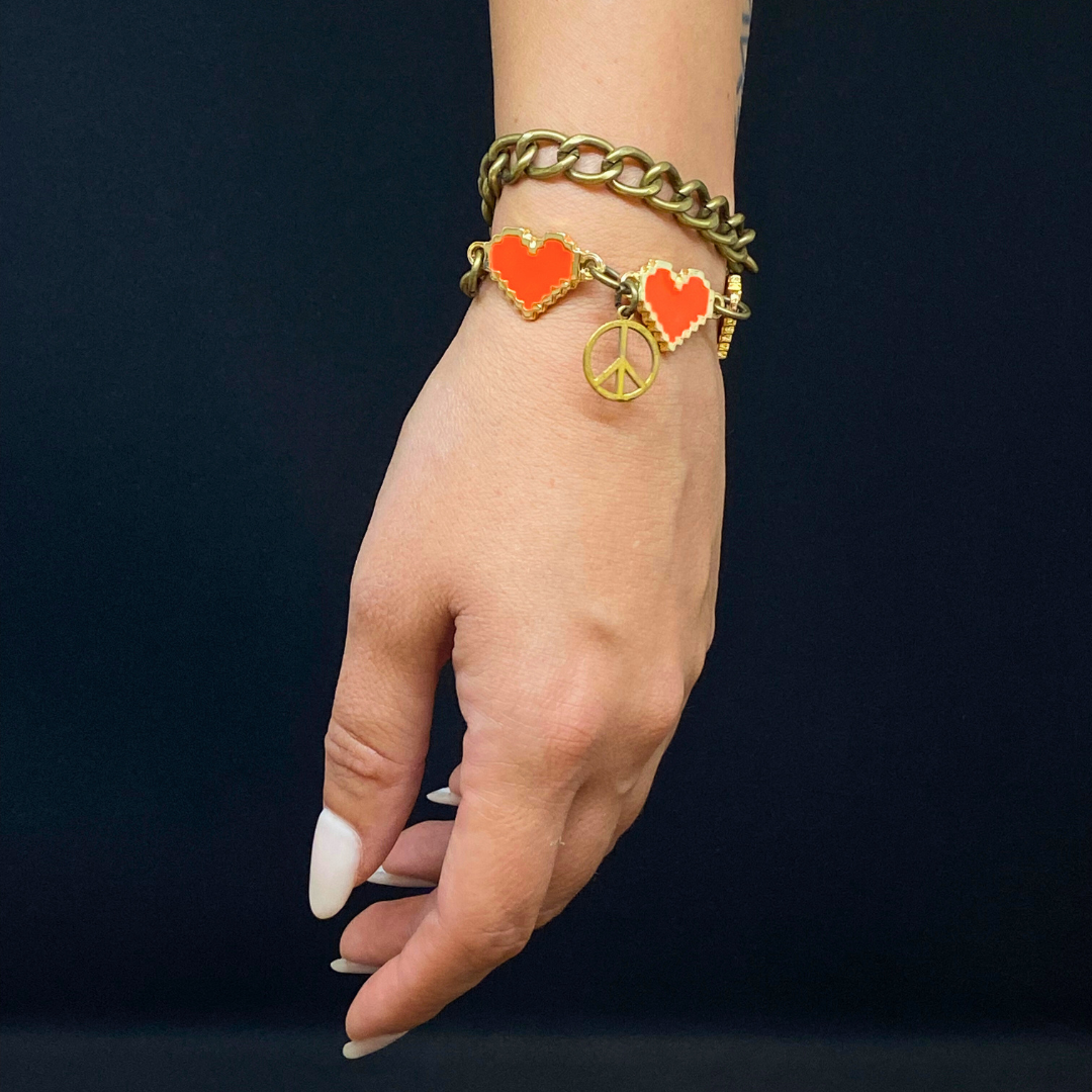 Chain Bracelet - Red Hearts, Bronze Peace Sign