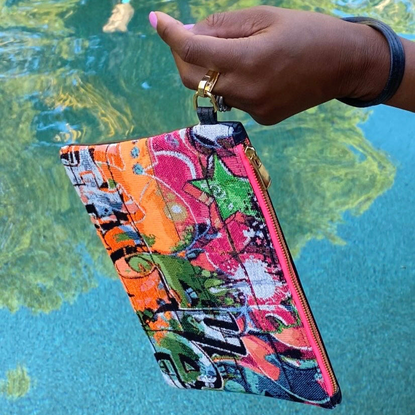 Graffiti with Black Vegan Leather and Coral Neon Zipper