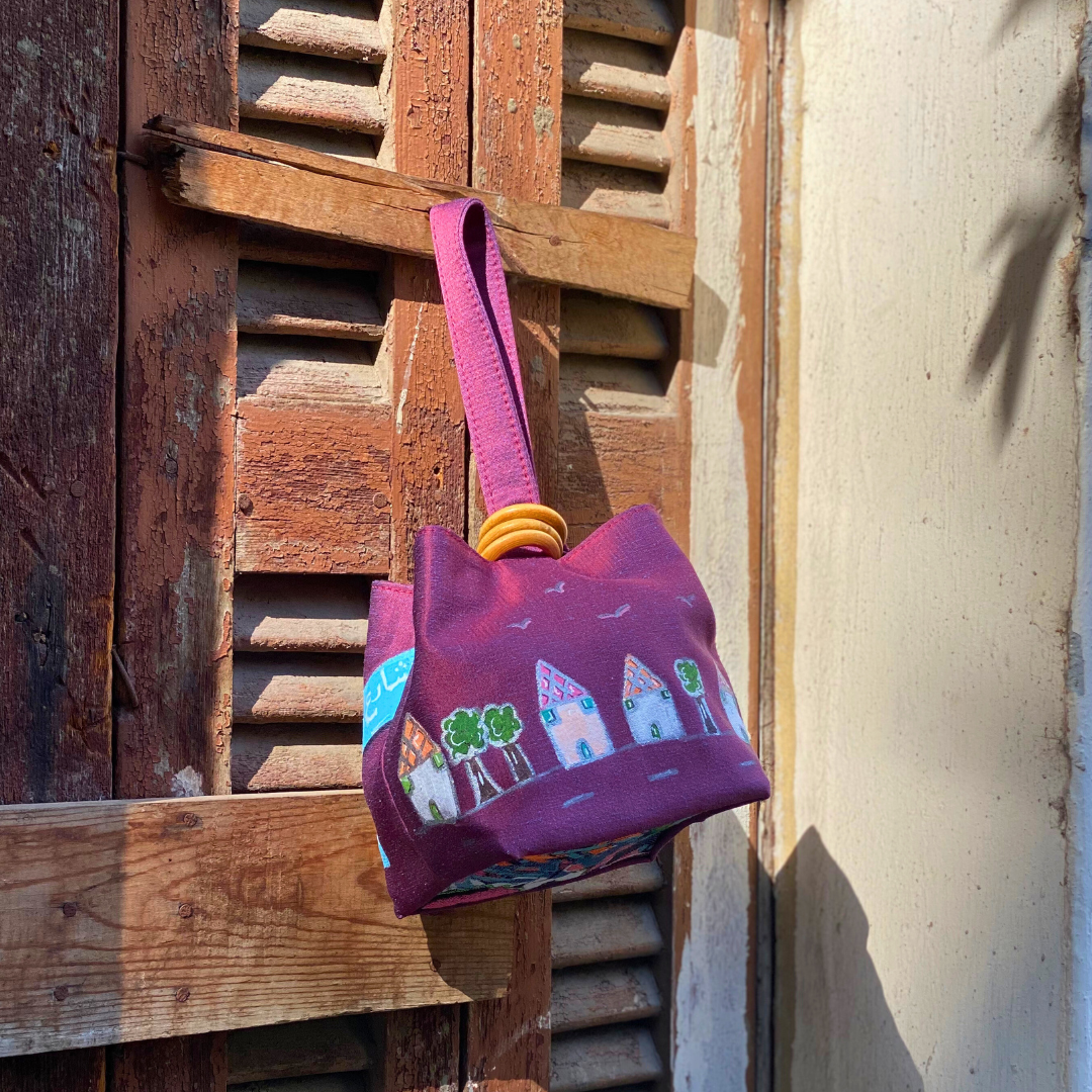 Hanoi Purse - Purple Satin, Byout Beirut Hand Painted, Graffiti Base