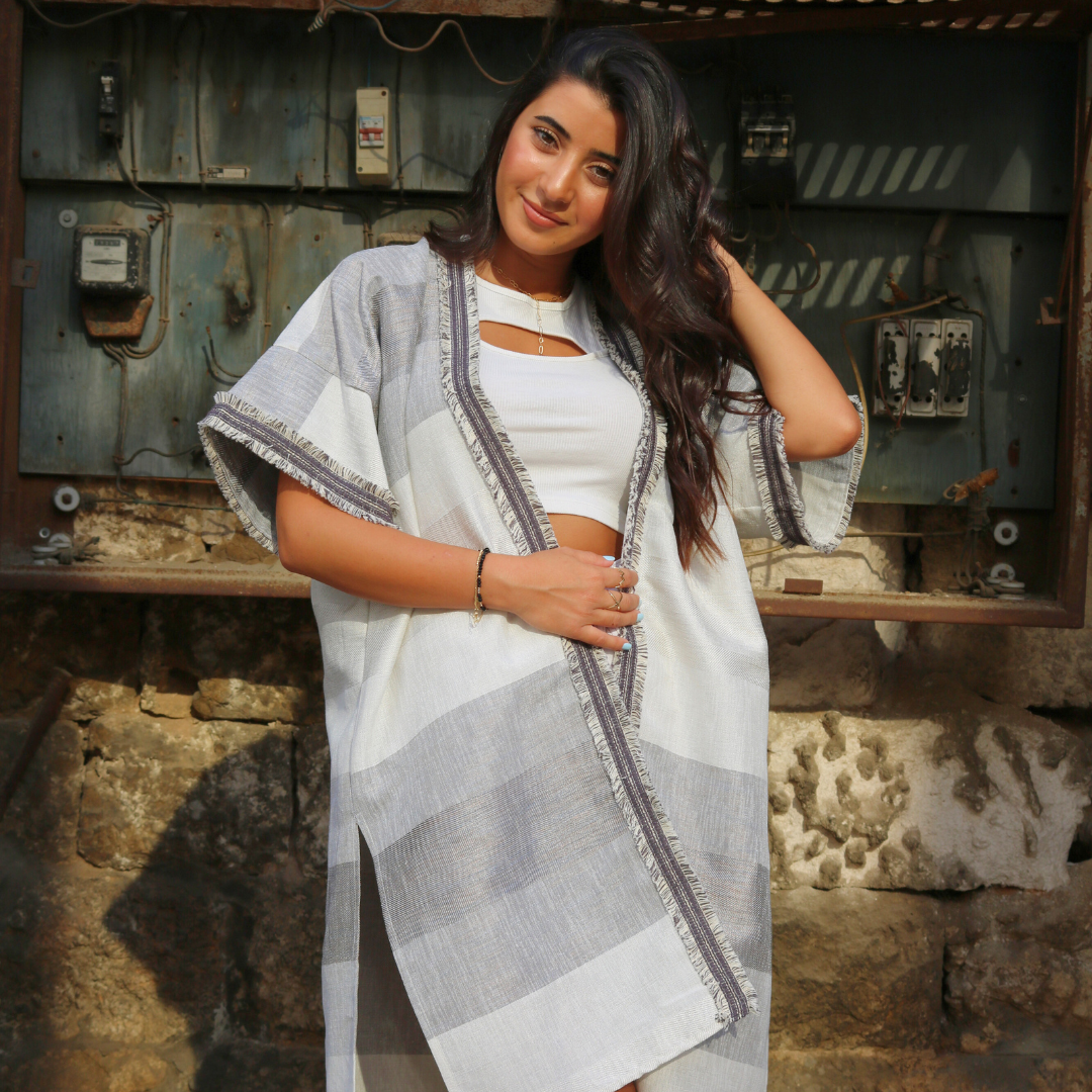 Linen Tunic - Grey & White Striped with Angel Wings