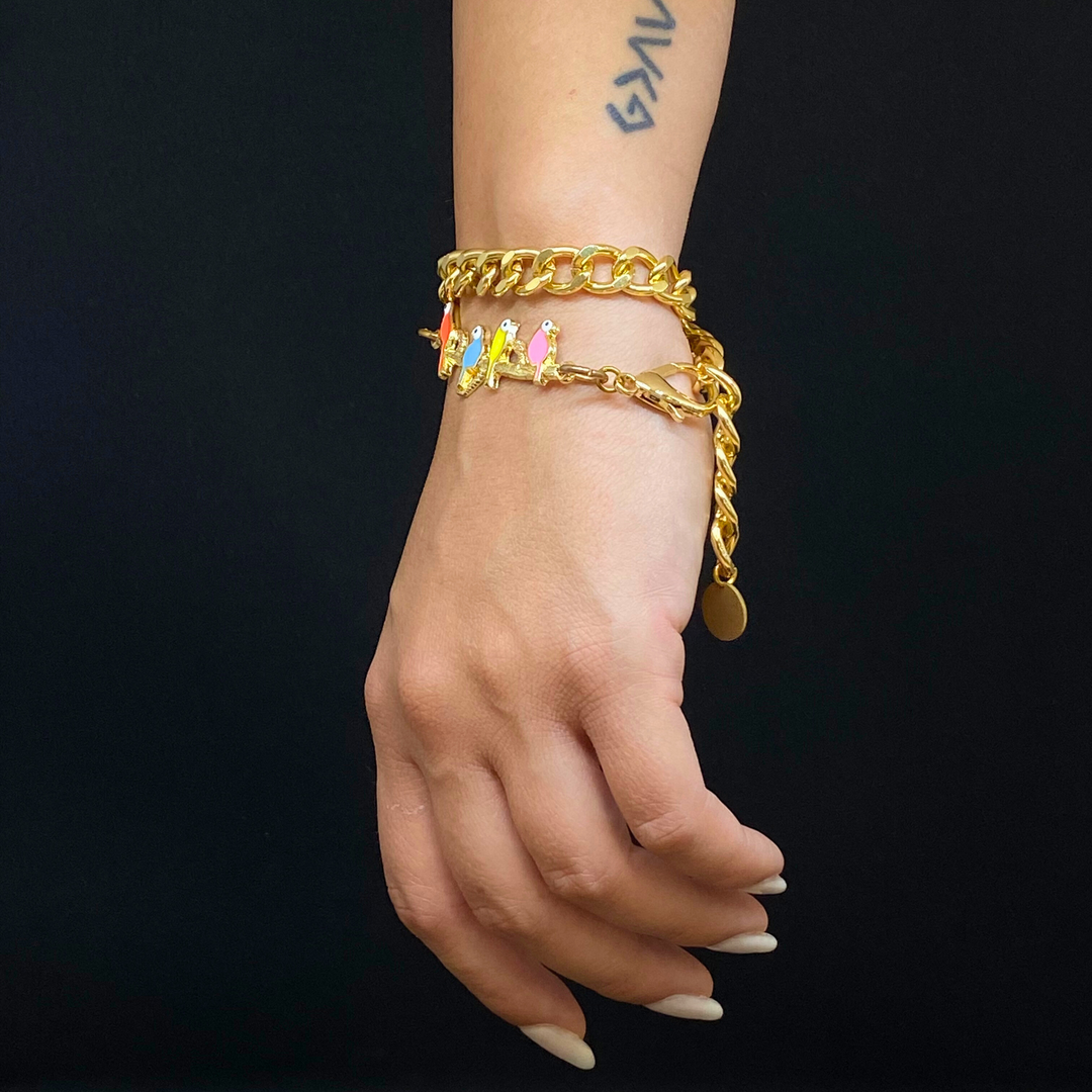 Chain Bracelet - MultiColor Birds on Branch, Gold-Plated Chain