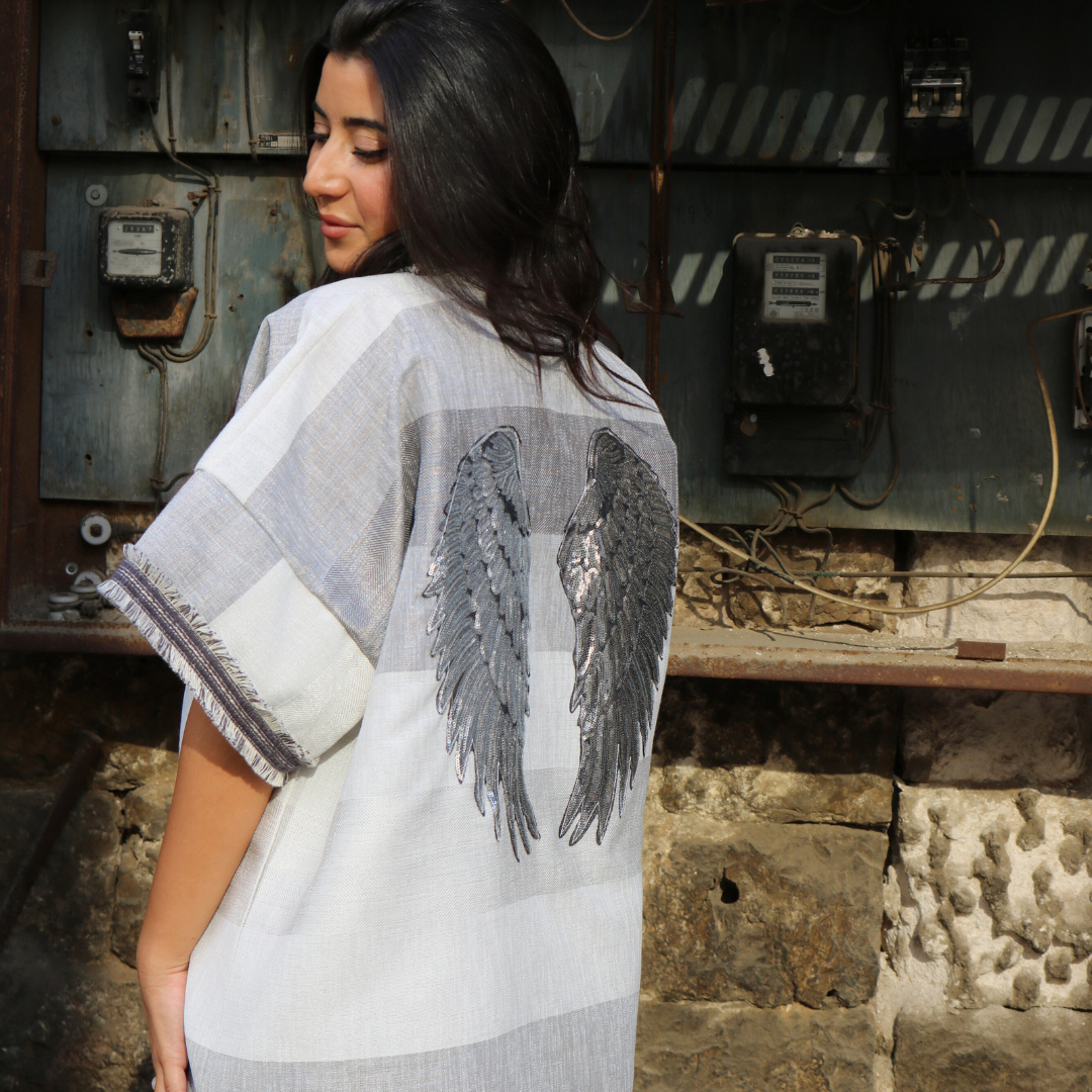 Linen Tunic - Grey & White Striped with Angel Wings