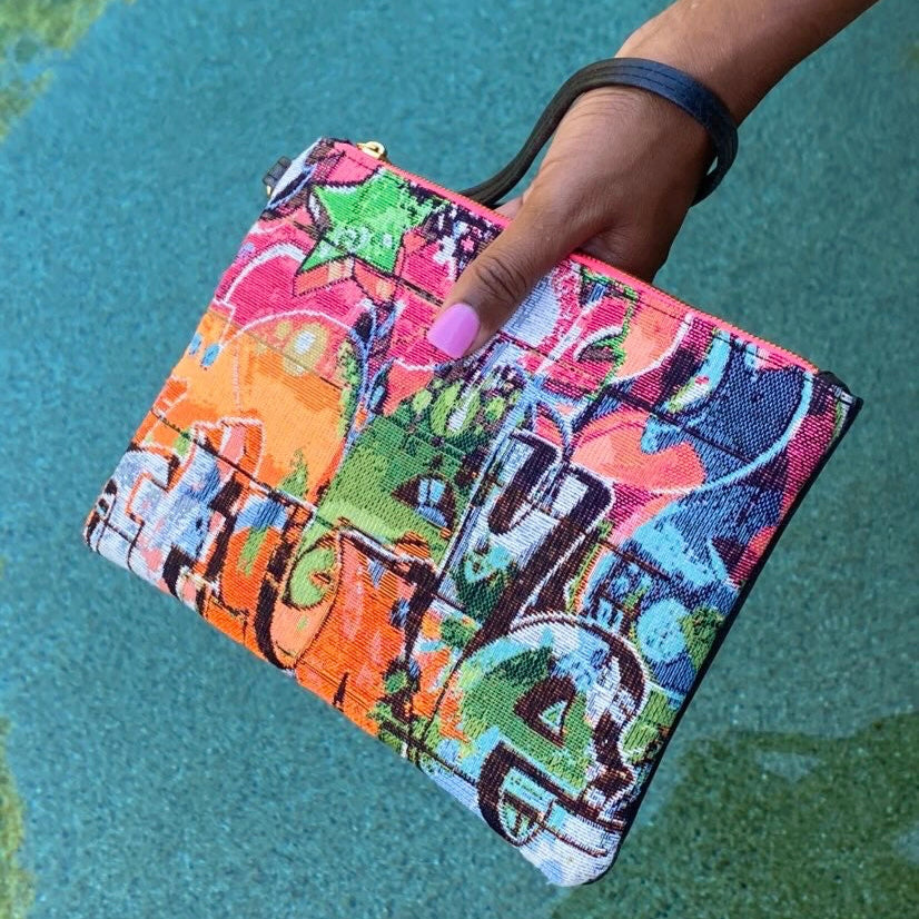 Graffiti with Black Vegan Leather and Coral Neon Zipper