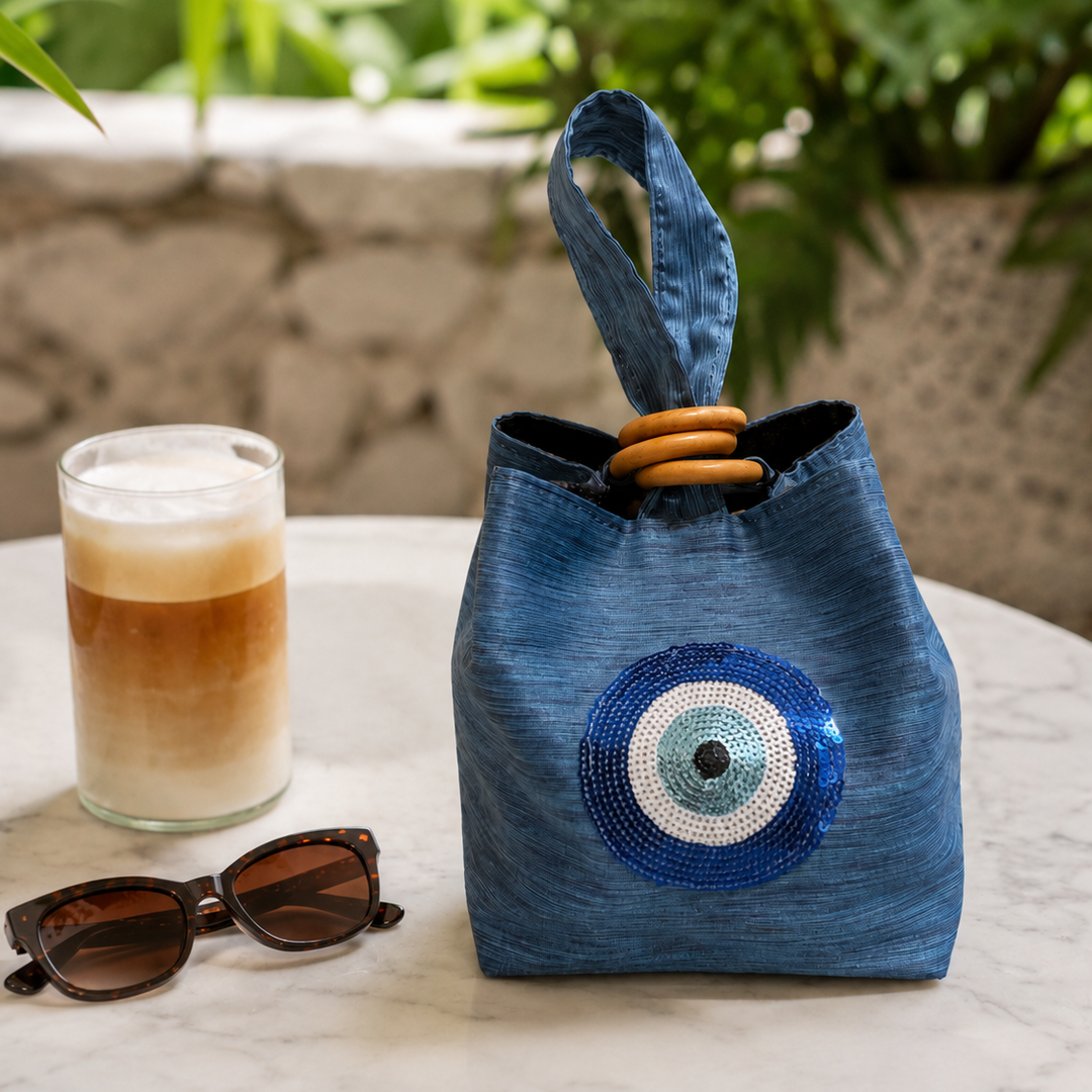 Hanoi Purse - Light Blue Satin, Circular Eye, Graffiti Base