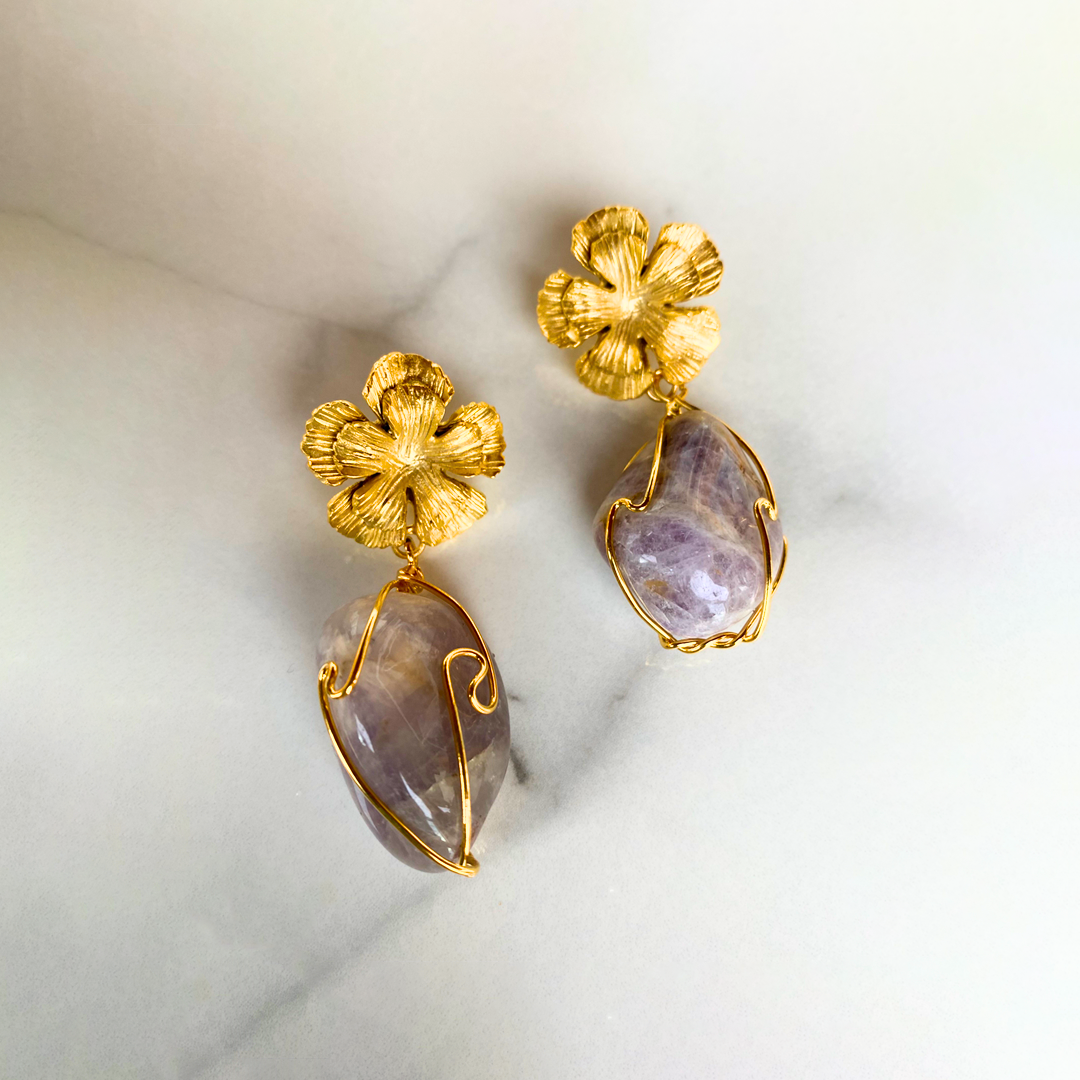 Earrings - Double Flower with Purple Stone