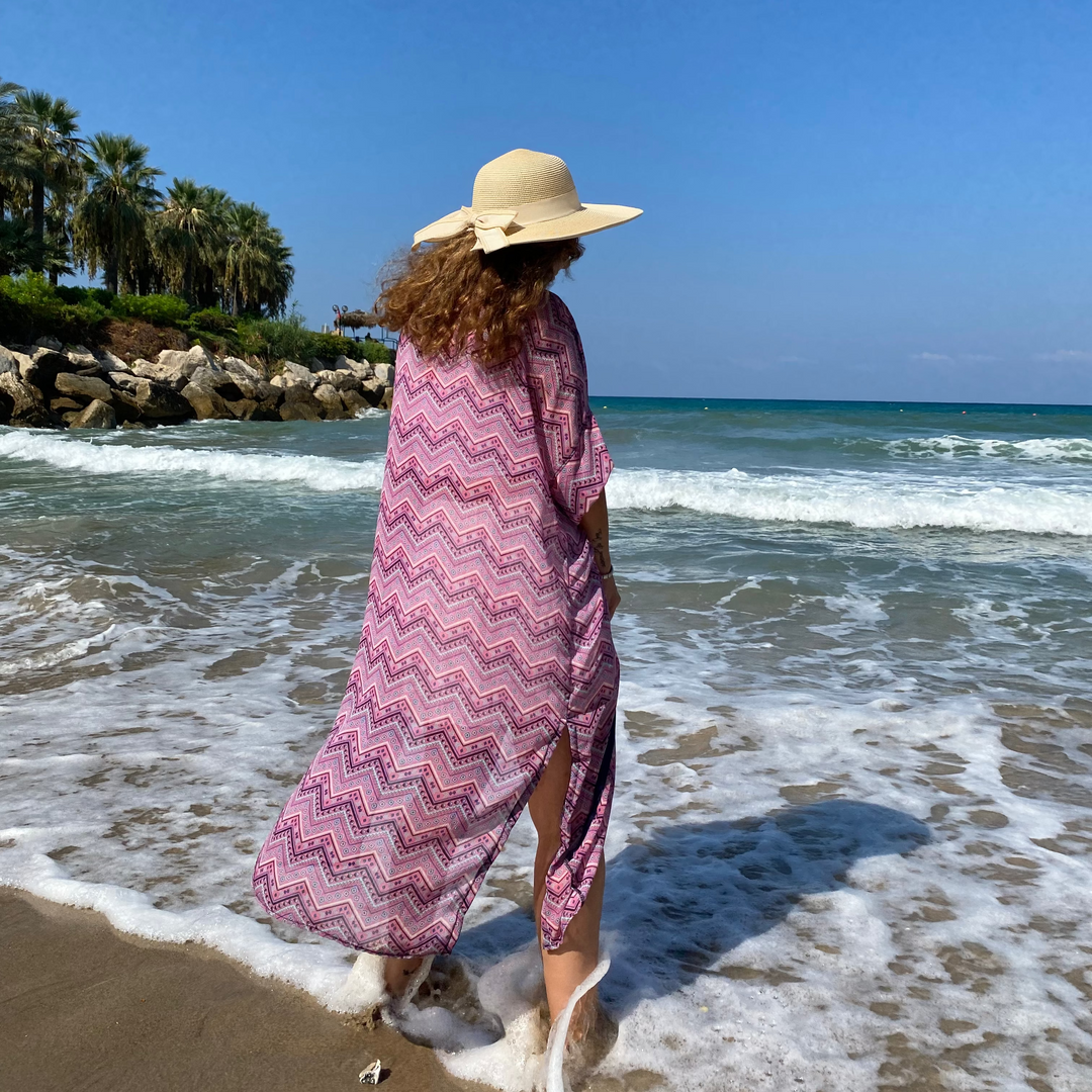 Sheer Voile with Purple, Pink & White Pattern - Short Sleeve