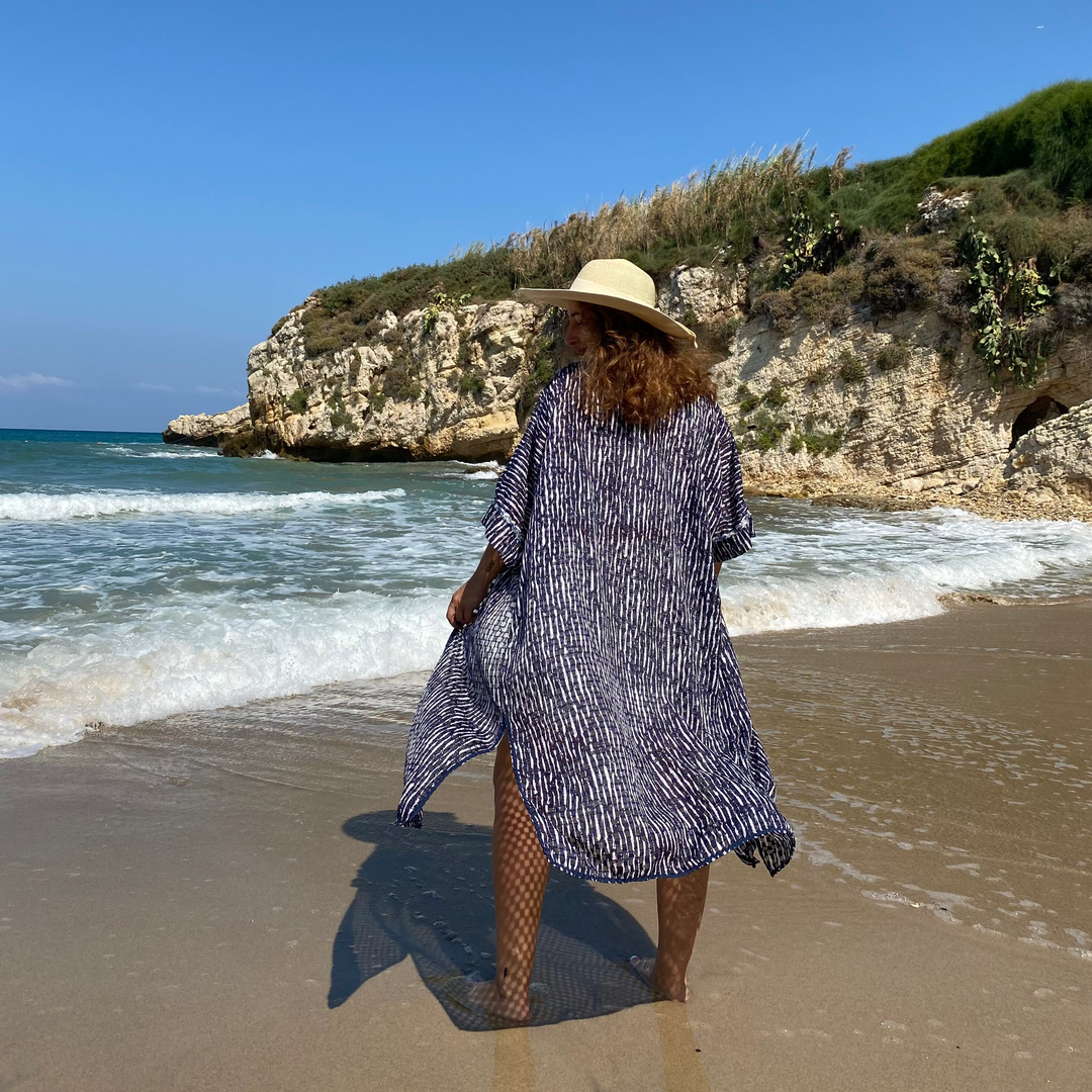 Sheer Navy & White Striped with Lace Detailed Sleeves