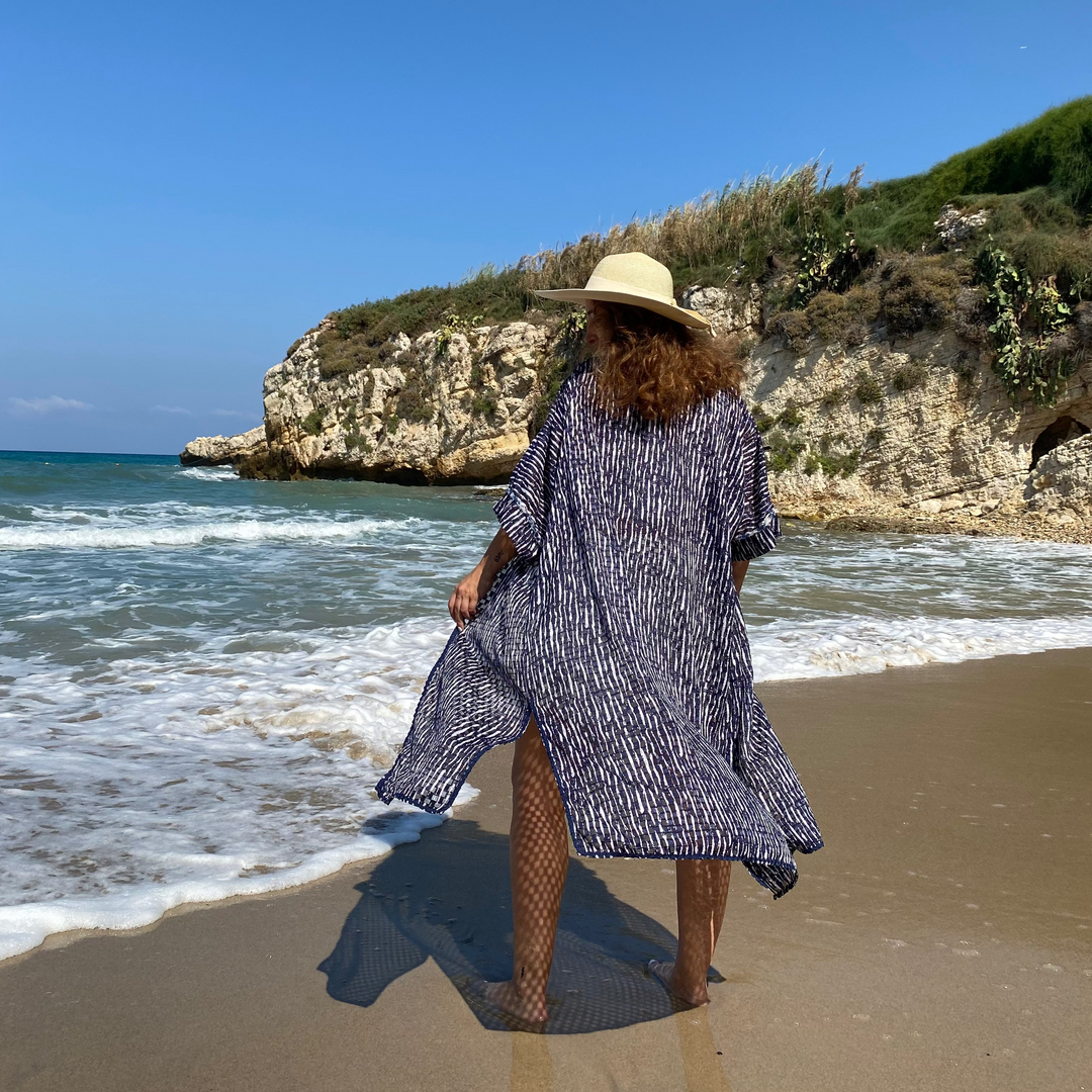 Sheer Navy & White Striped with Lace Detailed Sleeves