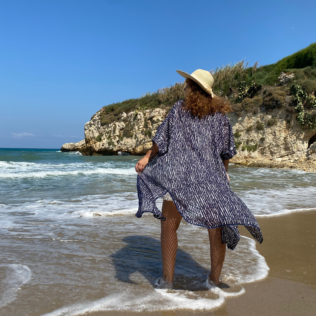 Sheer Navy & White Striped with Lace Detailed Sleeves