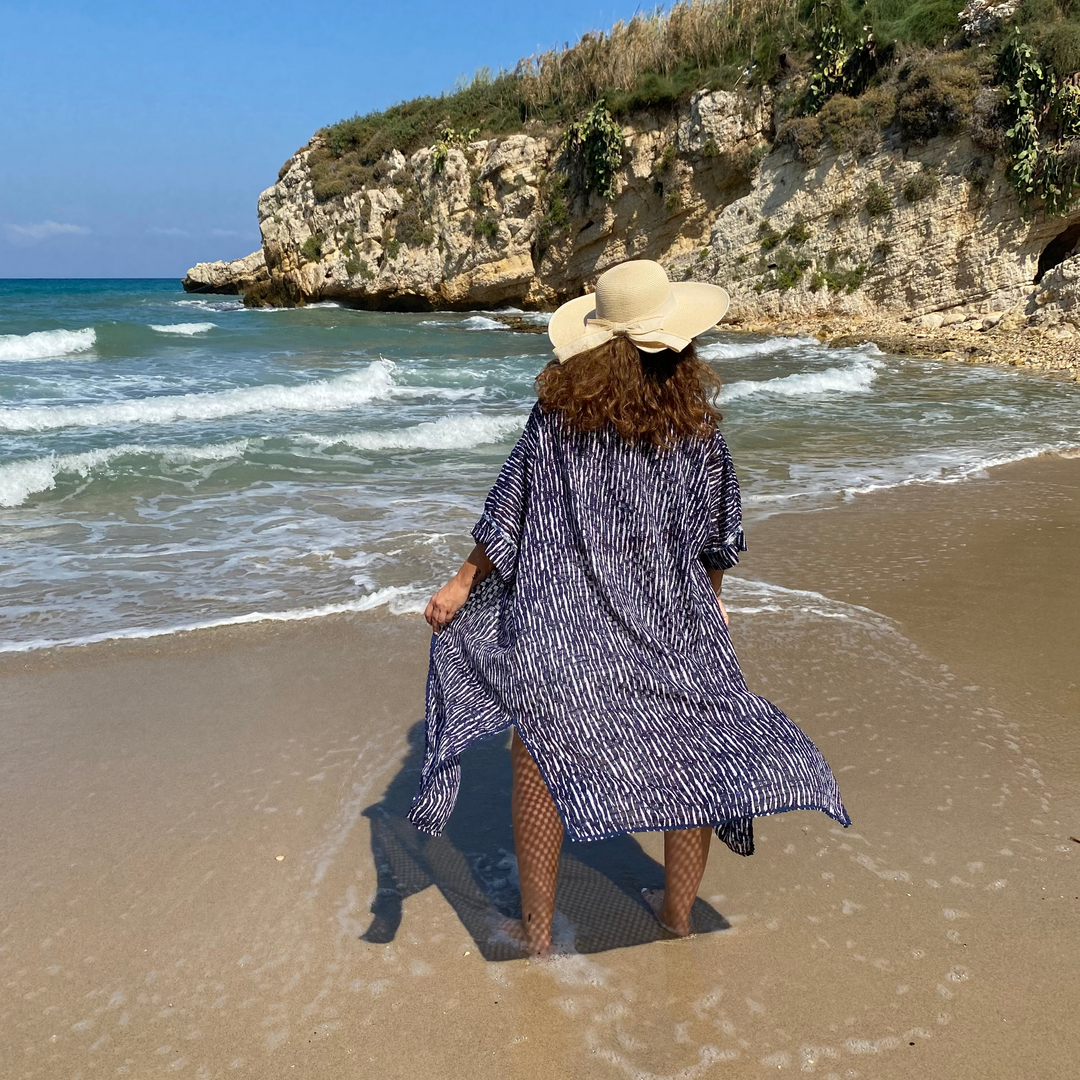 Sheer Navy & White Striped with Lace Detailed Sleeves