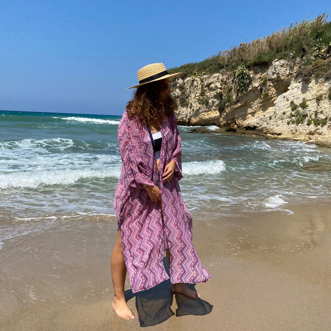 Sheer Voile with Purple, Pink & White Pattern - Long Sleeve