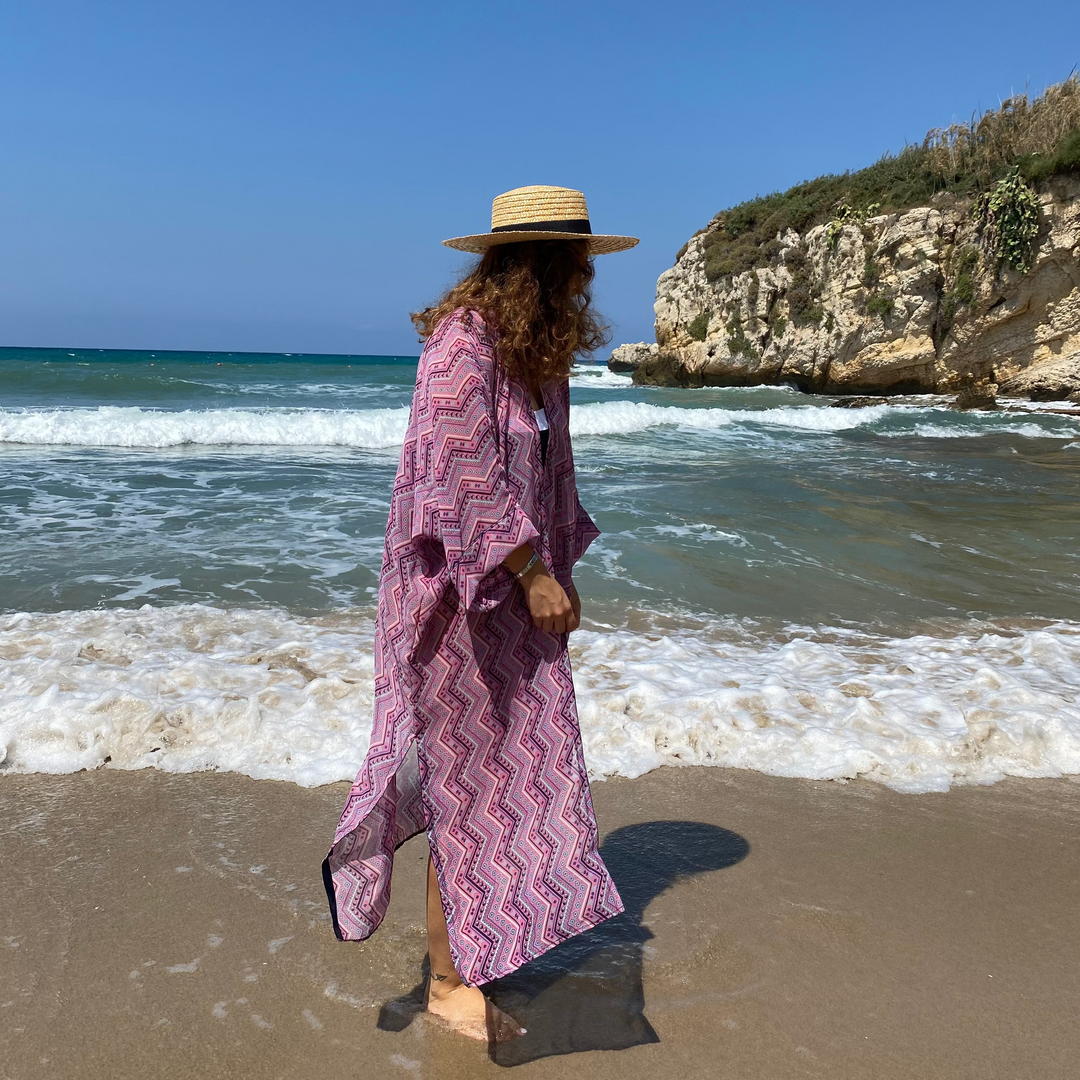 Sheer Voile with Purple, Pink & White Pattern - Long Sleeve