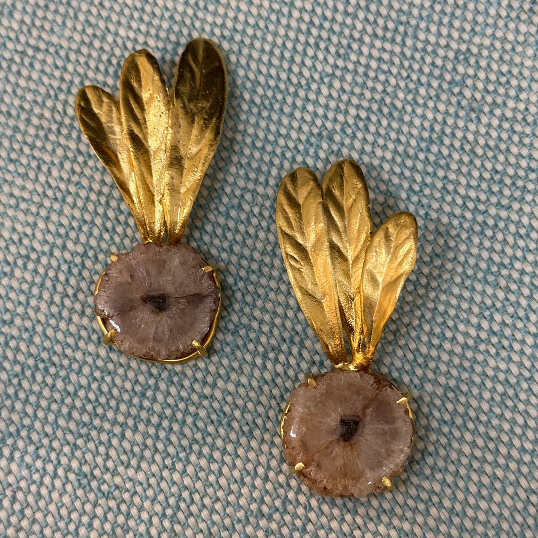 3 Feathers with Circular Brownish Stone Dangling