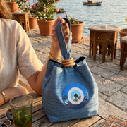 Hanoi Purse - Light Blue Satin, Circular Eye, Graffiti Base