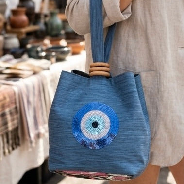 Hanoi Purse - Light Blue Satin, Circular Eye, Graffiti Base