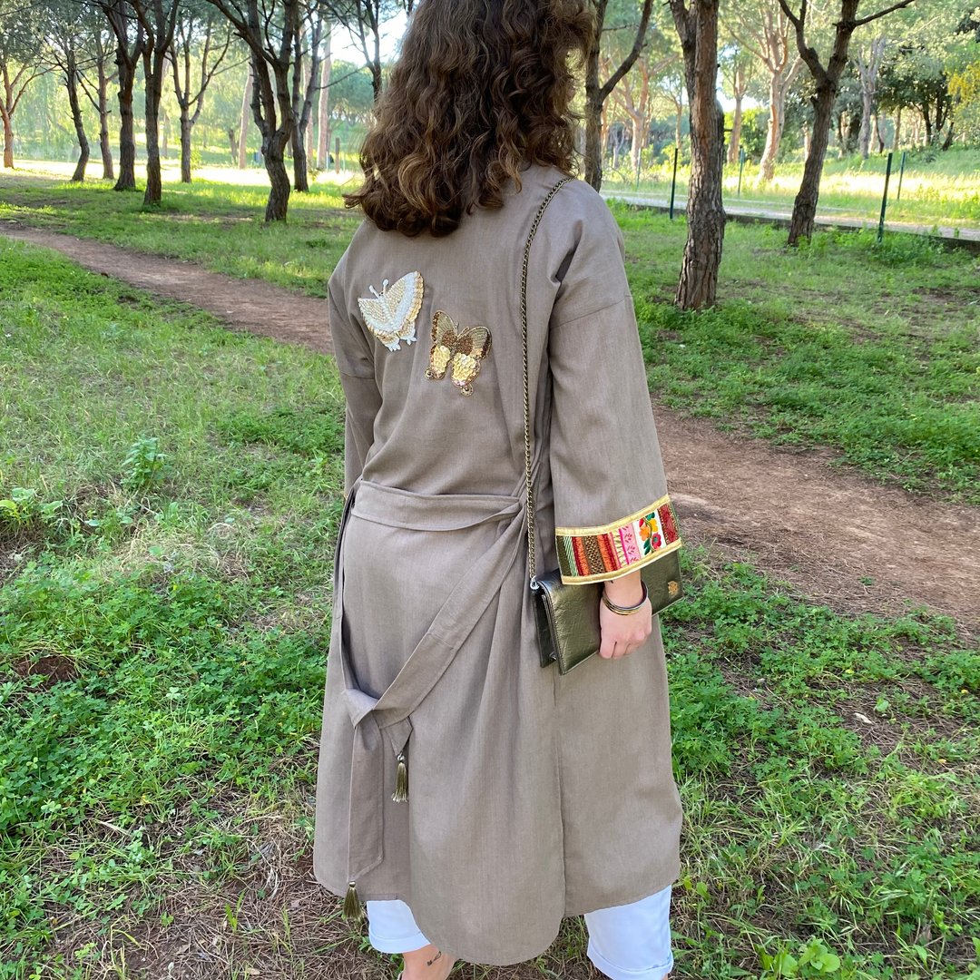100% Linen Kaftan - Dark Beige, Embroidered Butterflies and Patchwork