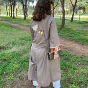 100% Linen Kaftan - Dark Beige, Embroidered Butterflies and Patchwork