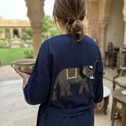100% Linen Kaftan - Navy, Embroidered Elephant and Sleeves