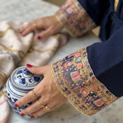 100% Linen Kaftan - Navy, Embroidered Elephant and Sleeves