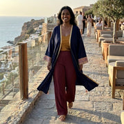 100% Linen Kaftan - Navy, Embroidered Elephant and Sleeves