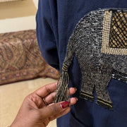 100% Linen Kaftan - Navy, Embroidered Elephant and Sleeves