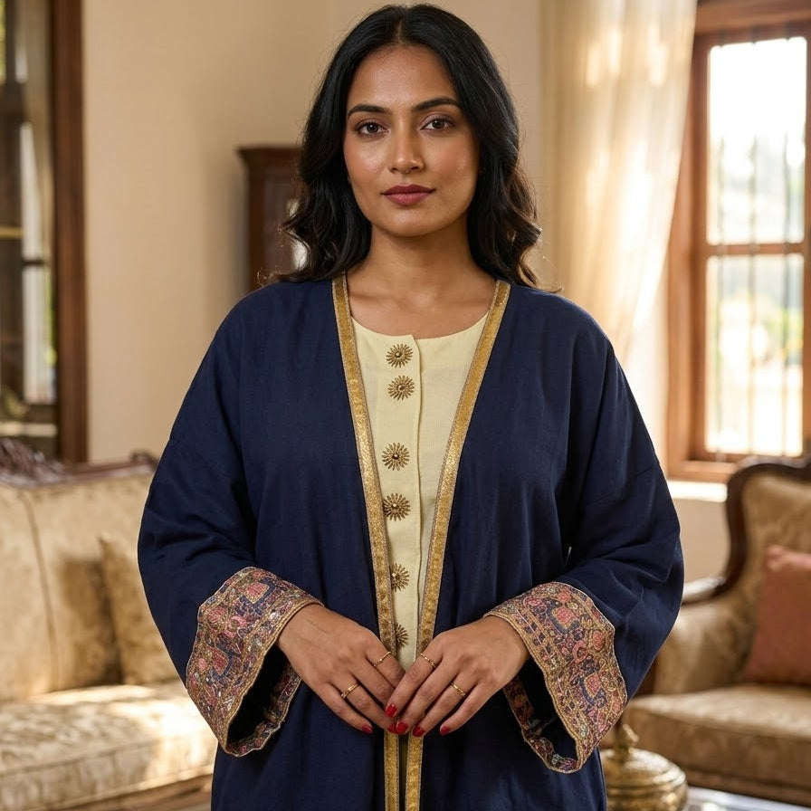 100% Linen Kaftan - Navy, Embroidered Elephant and Sleeves