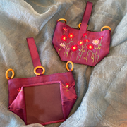 Hanoi Purse - Purple Satin, Hand-Embroidered Flowers, Purple Vegan Leather Base