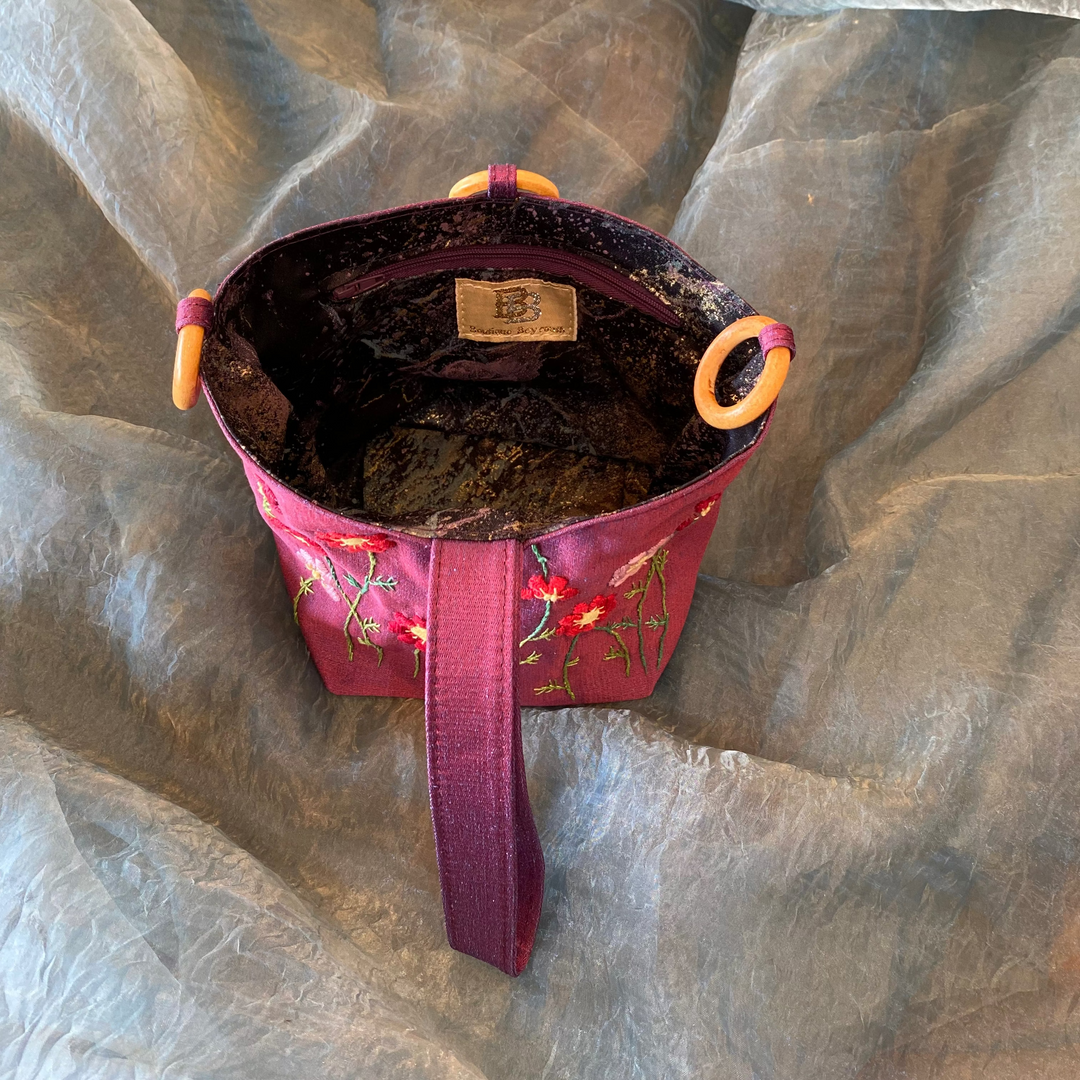 Hanoi Purse - Purple Satin, Hand-Embroidered Flowers, Purple Vegan Leather Base