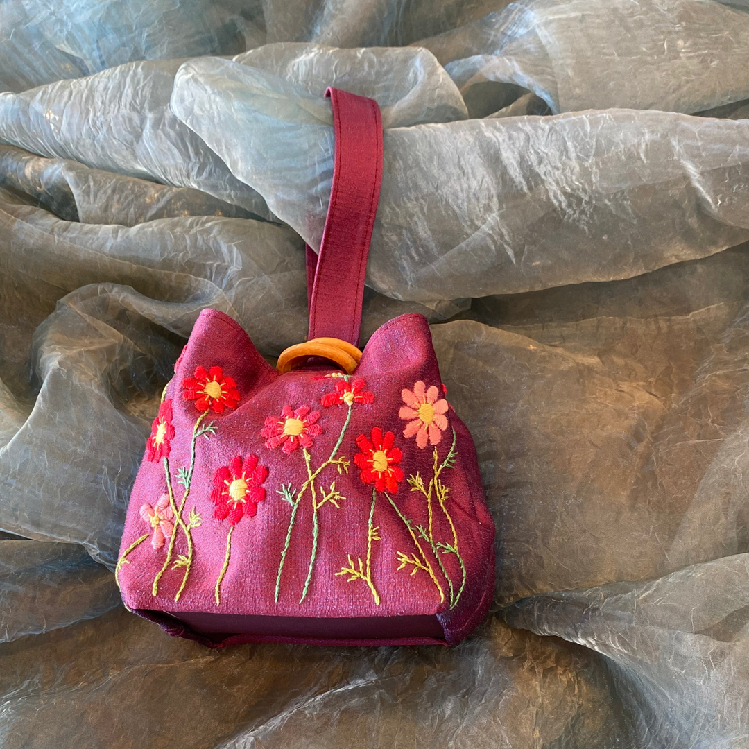 Hanoi Purse - Purple Satin, Hand-Embroidered Flowers, Purple Vegan Leather Base