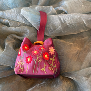 Hanoi Purse - Purple Satin, Hand-Embroidered Flowers, Purple Vegan Leather Base