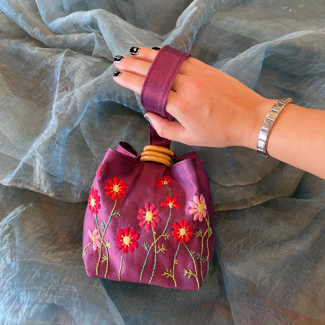 Hanoi Purse - Purple Satin, Hand-Embroidered Flowers, Purple Vegan Leather Base