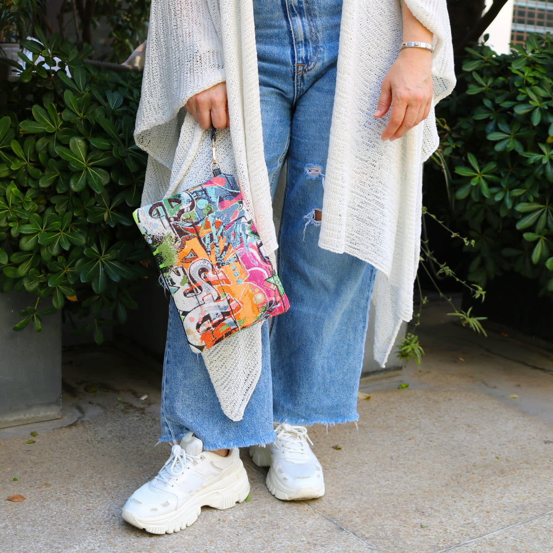 Graffiti with Black Vegan Leather and Coral Neon Zipper