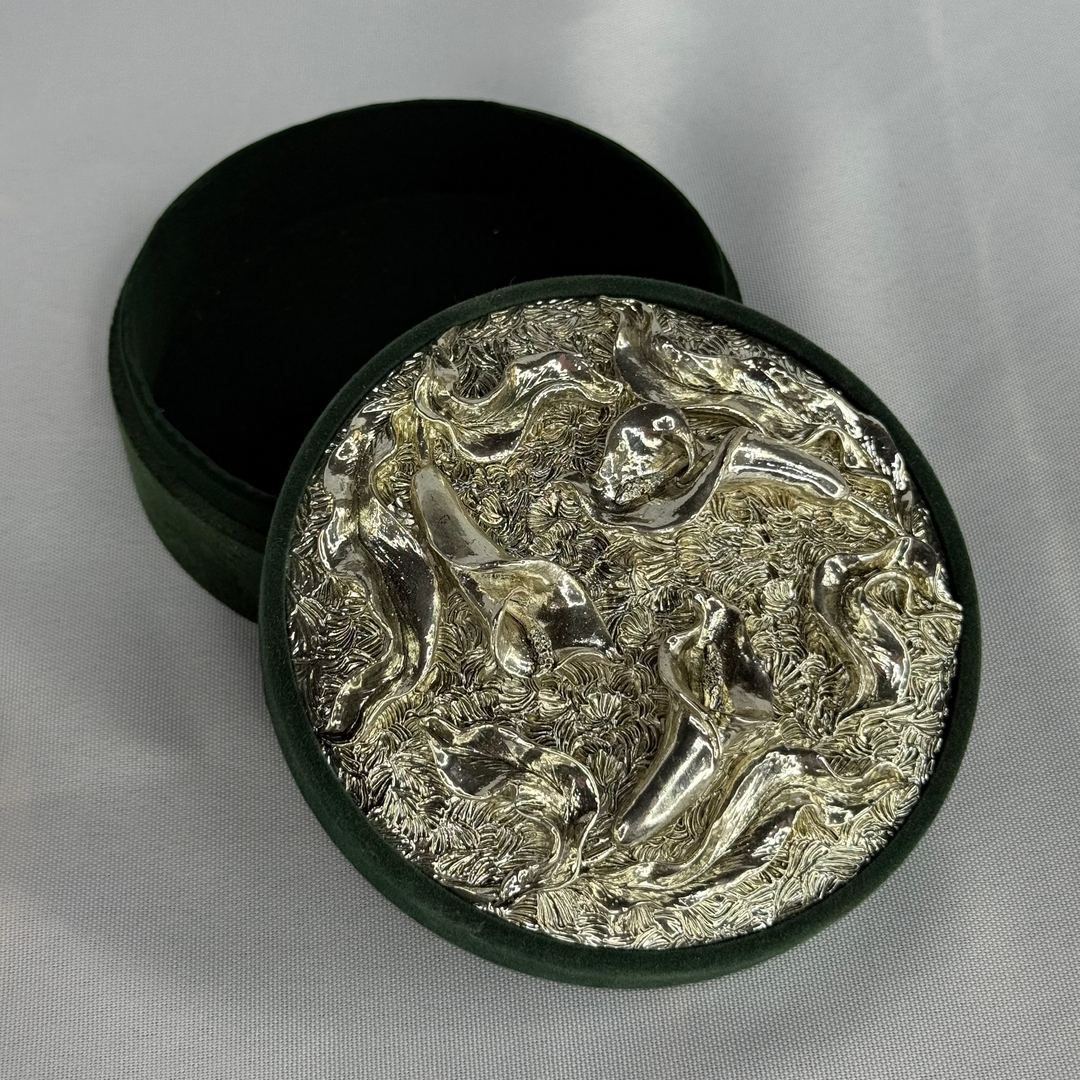 Silver Plated Jewelry Box - Circular, Emerald Green Velvet